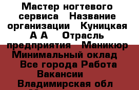 Мастер ногтевого сервиса › Название организации ­ Куницкая А.А. › Отрасль предприятия ­ Маникюр › Минимальный оклад ­ 1 - Все города Работа » Вакансии   . Владимирская обл.,Муромский р-н